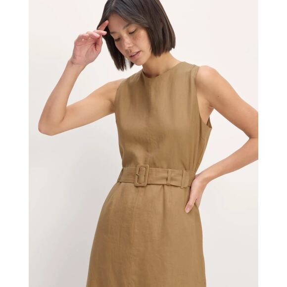 Everlane The Linen Belted Midi Dress 8 Tan Flax Minimalist Quiet Luxury Elegant - Picture 6 of 12